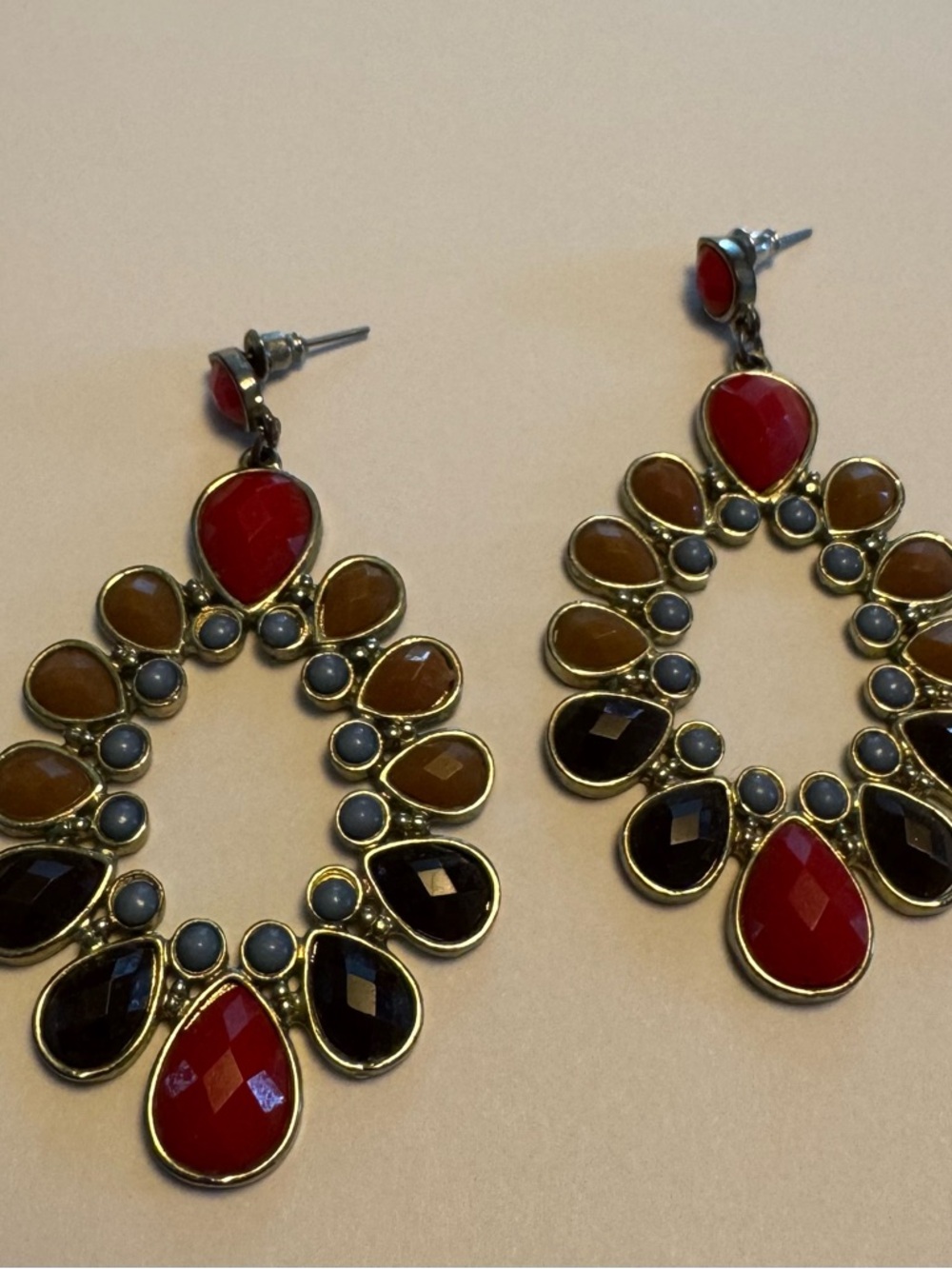 Vintage Chandelier Drop Earrings | Faceted Red Amber Brown Stones
